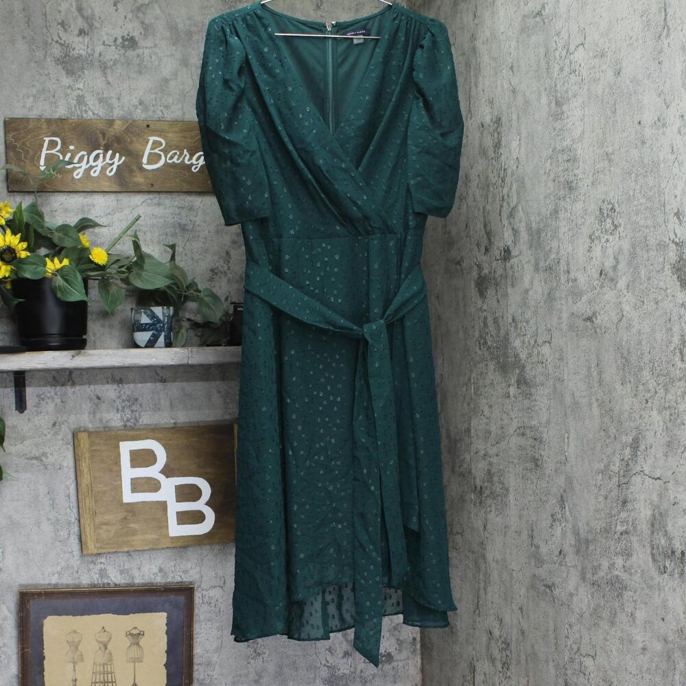 NEW Tommy Hilfiger Tie Puff Sleeve Clip Dot Chiffon Midi Dress Spruce Green 14